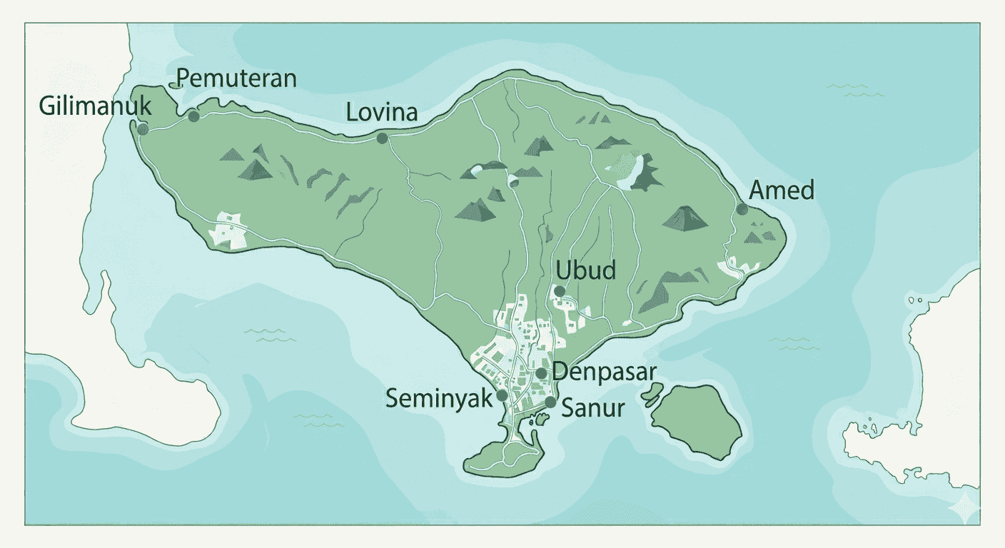 Map of Bali showing Pemuteran on the north-west coast, with Lovina, Amed, Ubud, Denpasar, Seminyak, Sanur, and Gilimanuk marked