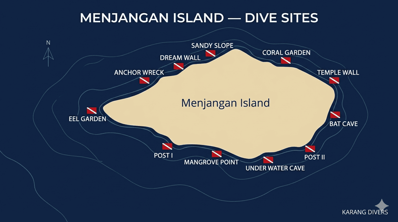 Map of Menjangan Island dive sites, West Bali National Park, North-West Bali