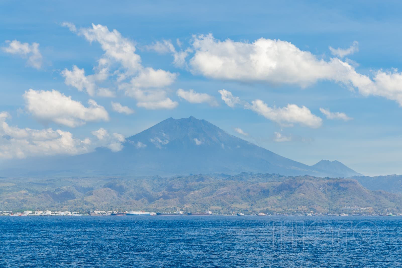View of Mount Agung across the strait from Pemuteran Bay, North West Bali