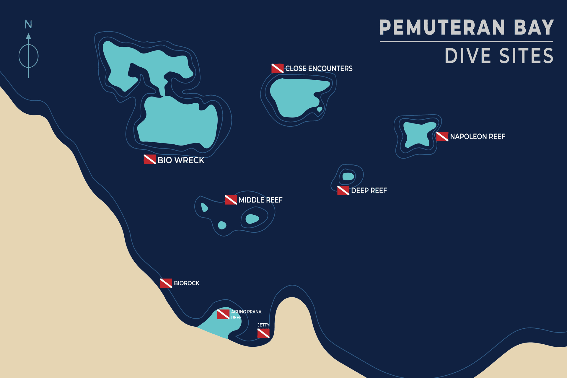Map of Pemuteran Bay dive sites, North-West Bali