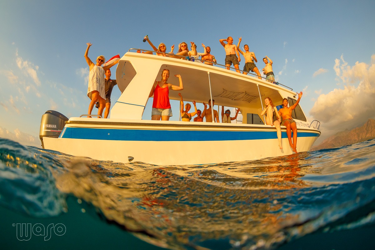 Karang Divers 03, the dolphin tour boat with raised observation deck, Pemuteran Bay, North-West Bali